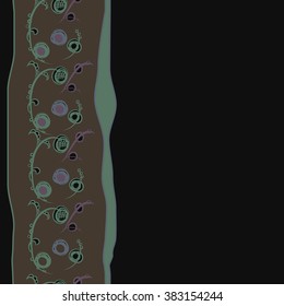 Floral vertical pattern, doodles,bagels, branches, leaves, seamless, copy space . Hand drawn.
