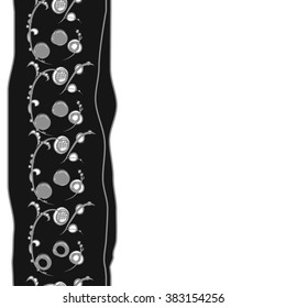 Floral vertical pattern, doodles,bagels, branches, leaves, seamless, copy space . Hand drawn.