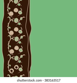 Floral vertical pattern, doodles,bagels, branches, leaves, seamless, copy space . Hand drawn.