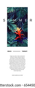 Floral vertical postcard design with guzmania flowers, monstera and royal palm leaves. Exotic hawaiian vector background.