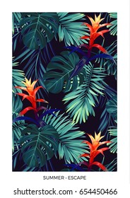 Floral vertical postcard design with guzmania flowers, monstera and royal palm leaves. Exotic hawaiian vector background.