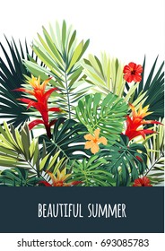 Floral vertical postcard design with guzmania and hibiscus flowers, monstera and royal palm leaves. Exotic hawaiian vector background.