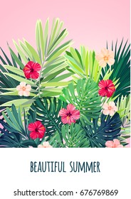 Floral Vertical Postcard Design With Hibiscus Flowers, Monstera And Royal Palm Leaves. Exotic Hawaiian Vector Background.