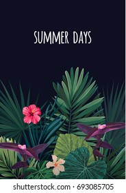 Floral vertical postcard design with hibiscus flowers, monstera and royal palm leaves. Exotic hawaiian vector background.
