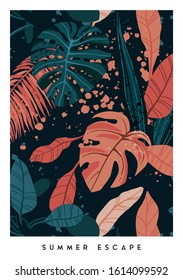 Floral vertical postcard design with monstera and royal palm leaves. Exotic hawaiian vector background.