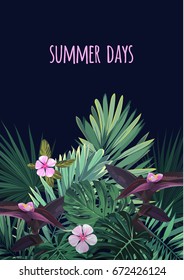 Floral vertical postcard design with tropical flowers, monstera and royal palm leaves. Exotic hawaiian vector background.