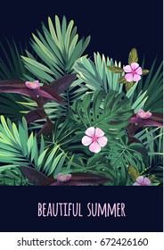 Floral Vertical Postcard Design With Tropical Flowers, Monstera And Royal Palm Leaves. Exotic Hawaiian Vector Background.