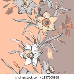 Floral vertical seamless border with hand drawn flowers daffodils, narcissus. Pastel floral elements on light brown background.  Design for textile, fabric, wallpaper, packaging. Vector Illustration