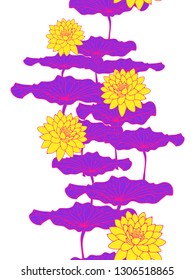 floral vertical seamless pattern with lotus flowers in bright yellow purple shades