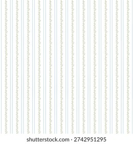 Floral vertical striped seamless pattern in light blue and green color palette. Elegant grandmillennial wallpaper, preppy textile design, repeat background, vector summer botanical print, paper