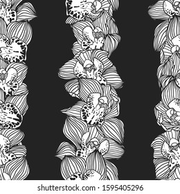 Floral vertical stripes. Linear seamless vector pattern of orchid flower rows 