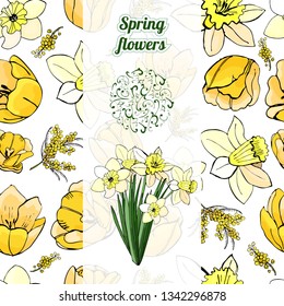 Floral  vertical template with seamless pattern  of  hand drawn graphic  and color sketch with yellow  mimosa, narcissus and bouquet of narcissus flowers and circle of twirls. Vector illustration.