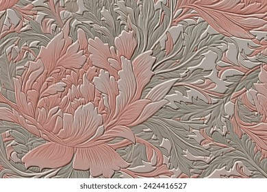 Floral very elaborate emboss 3d pink peonies pattern. Vector embossed vintage background. Grunge emboss plants backdrop. Surface relief 3d peony flowers leaves textured ornament in art nouveau style.