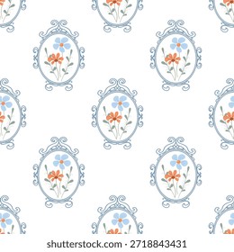 Floral vignette seamless pattern. Blue vignette floral background, vintage tile. Elegant floral vignette, seamless wallpaper design