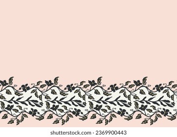 Floral vine seamless border pattern in pink, white , black with horizontal creeping flowers. Great choice for wedding invitation, bedding, women's clothing, accessories, home decor, party decoration