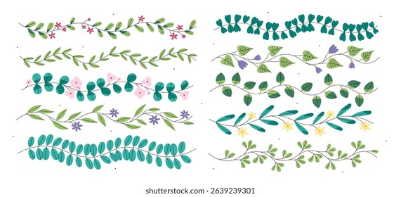 Floral vines plants stem with leaves and flowers blossoms borders decoration design elements isolated set. Natural herbs craft ornamental dividers, botanical garlands shape ornate vector illustration