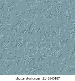 Floral vintage 3d seamless pattern. Vector embossed blue background. Repeat emboss flowers backdrop. Surface relief 3d ornaments in Baroque style. Modern textured flowery design with embossing effect.