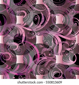  Floral vintage 3d seamless pattern. Elegant violet  background. Surface pink flowers leaves and ornaments.Luxury fabric pattern texture.