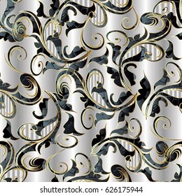 Floral vintage 3d seamless pattern. Light vector  background wallpaper illustration with  hand drawn black 3d flowers, swirl leaves and antique ornaments in Baroque Victorian style. 