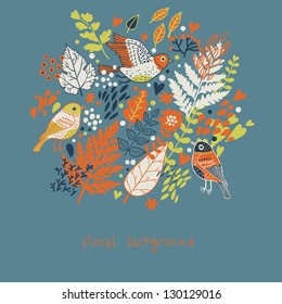 Floral vintage background with cute birds. Nature card in vector