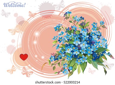 Floral vintage background with forget-me-not flowers. Beautiful bouquet with leaves, eps8. Postcard with text in retro style
