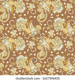 Floral vintage background with paisley ornament. Seamless vector pattern