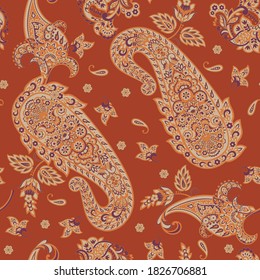 Floral vintage background with paisley ornament. Seamless vector pattern
