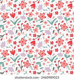 Blumiger Vintage-Hintergrund. Nahtlose Vektorgrafik für Druck-, Design- und Modedrucke. Ein Hintergrund aus kleinen rosa und roten Blumen im ditzigen Stil.