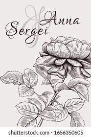 Floral vintage background. Wedding invitation with rose. Vector illustration. Black and white.
