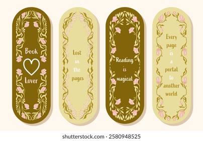 Floral Vintage Bookmarks. Set of paper bookmark templates for book lovers. Vertical postcards. Vector.