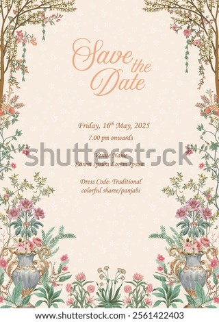 Floral vintage border design with elegant vase and botanical patterns on a pastel background
