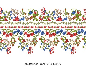 Floral vintage border line seamless pattern. Medieval illuminati manuscript inspiration. Design for wrapping paper, wallpaper, fabrics and fashion clothes. Vector illustration.