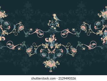 Floral vintage border line seamless pattern. Medieval illuminati manuscript inspiration. Design for wrapping paper, wallpaper, fabrics and fashion clothes. Vector illustration.