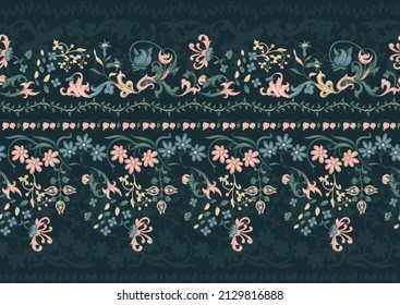 Floral vintage border line seamless pattern. Medieval illuminati manuscript inspiration. Design for wrapping paper, wallpaper, fabrics and fashion clothes. Vector illustration.