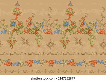 Floral vintage border line seamless pattern. Medieval illuminati manuscript inspiration. Design for wrapping paper, wallpaper, fabrics and fashion clothes. Vector illustration.