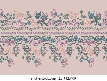 Floral vintage border line seamless pattern. Medieval illuminati manuscript inspiration. Design for wrapping paper, wallpaper, fabrics and fashion clothes. Vector illustration.