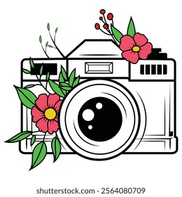 Floral vintage camera vector illustration. 