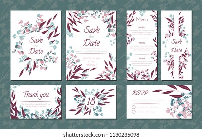 Floral Vintage Cards Set for Wedding. Invitation Templates, Rsvp, Menu Templates with Eucalyptus Leaves in Watercolor Style. Rustic Greenery Design for Brochure, Booklet. Floral Vintage Illustration.