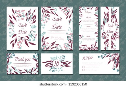 Floral Vintage Cards Set for Wedding. Invitation Templates, Rsvp, Menu Templates with Eucalyptus Leaves in Watercolor Style. Rustic Greenery Design for Brochure, Booklet. Floral Vintage Illustration.