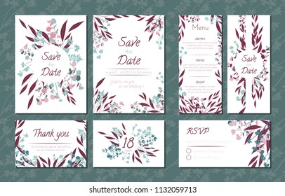 Floral Vintage Cards Set for Wedding. Invitation Templates, Rsvp, Menu Templates with Eucalyptus Leaves in Watercolor Style. Rustic Greenery Design for Brochure, Booklet. Floral Vintage Illustration.