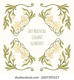 Floral vintage corners and borders. Art Nouveau decorative elements. Vector.