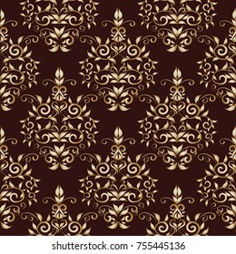 Floral vintage damask seamless pattern. Vector flourish dark red background wallpaper fabric with hand drawn gold swirl flowers, line art tracery ornaments. Endless luxury texture. Floral design.