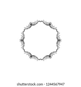 Floral vintage decorative vector frame. Flower black ink Circle filigree border with text space. Isolated calligraphic frame with copyspace. Invitation, greeting card, poster flourish design element