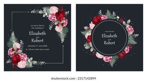 Floral vintage design for wedding invitation. Pink and red roses, branches with leaves, eucalyptus, green leaves and ferns.