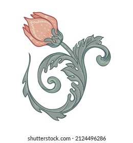Floral vintage element. Enchanted Vintage Flowers.  Arts and Crafts movement inspired. Vector design element. Isolated on white.