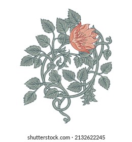 Floral vintage element. Enchanted Vintage Flowers.  Arts and Crafts movement inspired. Vector design element. Isolated on white.