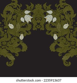 Floral vintage element. Enchanted Vintage Flowers.  Arts and Crafts movement inspired. Vector design frame. Isolated on dark background.