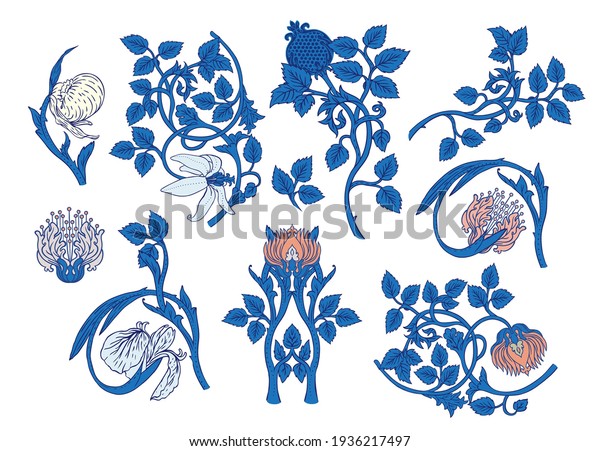 Floral vintage elements. Enchanted Vintage\
Flowers.  Arts and Crafts movement inspired. Vector design\
elements. Isolated on\
white.