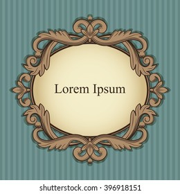 Floral vintage frame in beige and brown colors isolated on blue striped seamless background. Vector illustration. 