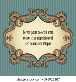 Floral vintage frame in beige and brown colors isolated on blue striped seamless background. Vector illustration. 